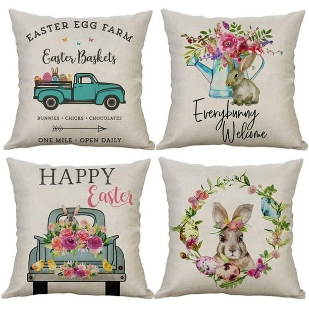 Flowers Vivid Rabbits Throw Pillow Case Linen Bunny Cushion Cover Easter Decor 